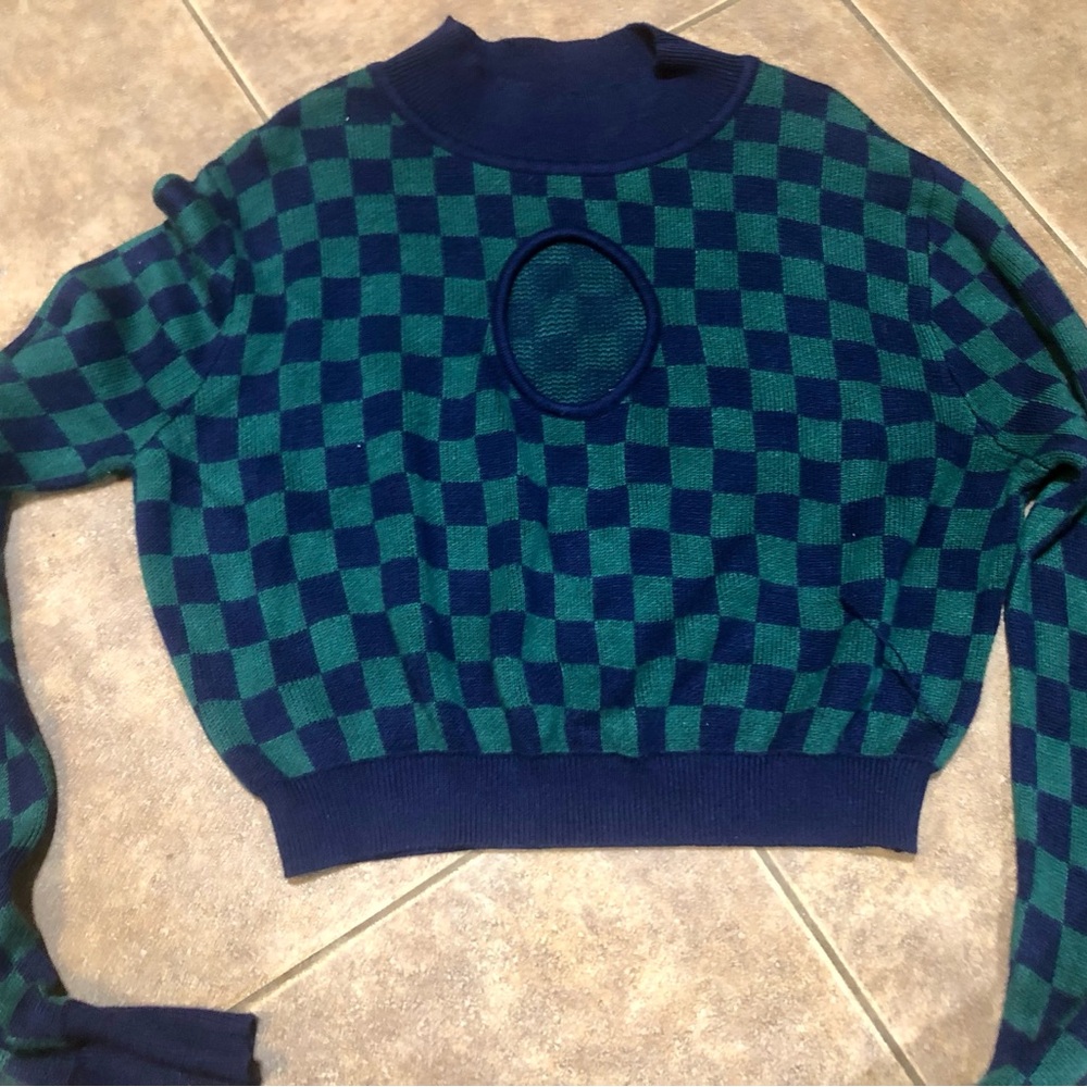 Fashion Brand Company Blue and Green Checkerboard Crop Sweater